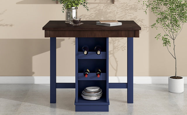 TOPMAX Farmhouse Counter Height Dining Table, Square Wood Table with 3-Tier Adjustable Storage Shelves and Wine Racks for Small Spaces, Brown and Blue
