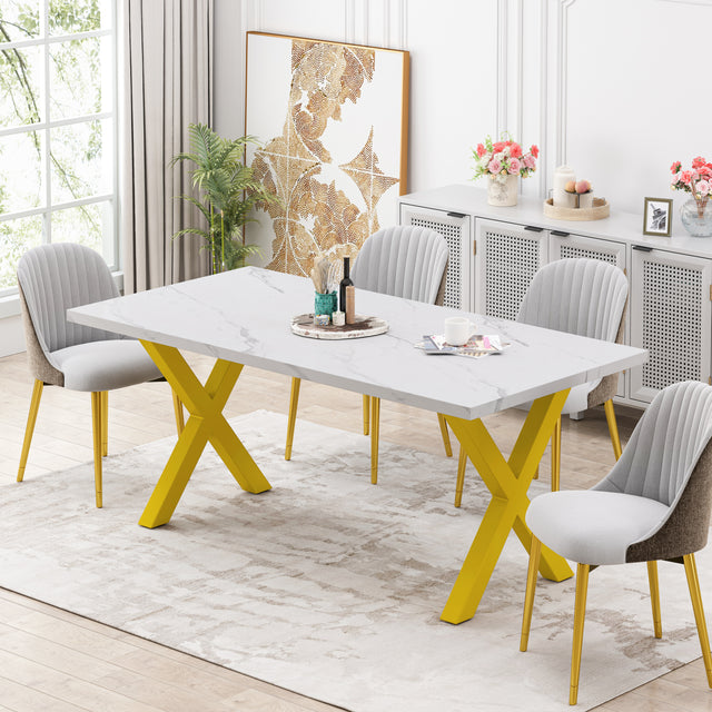 70.87"Modern Square Dining Table with Printed White Marble Table Top+Gold X-Shape Table Leg