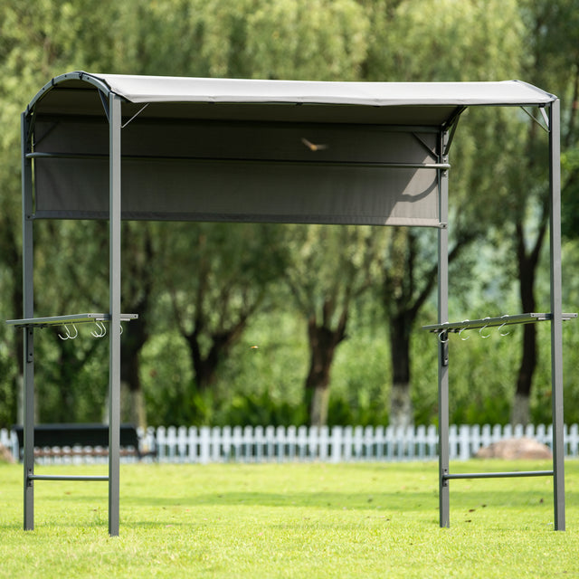 TOPMAX Outdoor 7Ft.Wx4.5Ft.L Iron Double Tiered Backyard Patio BBQ Grill Gazebo with Side Awning, Bar Counters and Hooks, Gray