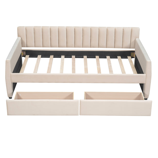 Twin Size Upholstered daybed with Drawers, Wood Slat Support, Beige