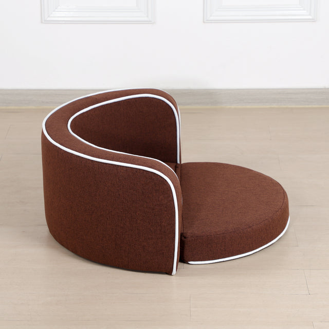 30" Brown Round Pet Sofa, Dog sofa, Dog bed, Cat Bed, Cat Sofa, with Wooden Structure and Linen Goods White Roller Lines on the Edges Curved Appearance pet Sofa with Cushion