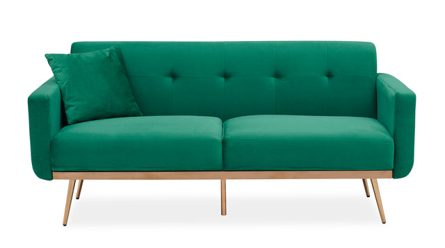 Modern green velvet sand living room sofa with midfoot and two throw pillows