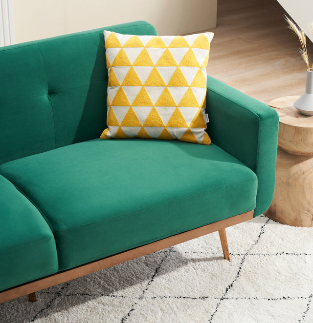 Modern green velvet sand living room sofa with midfoot and two throw pillows