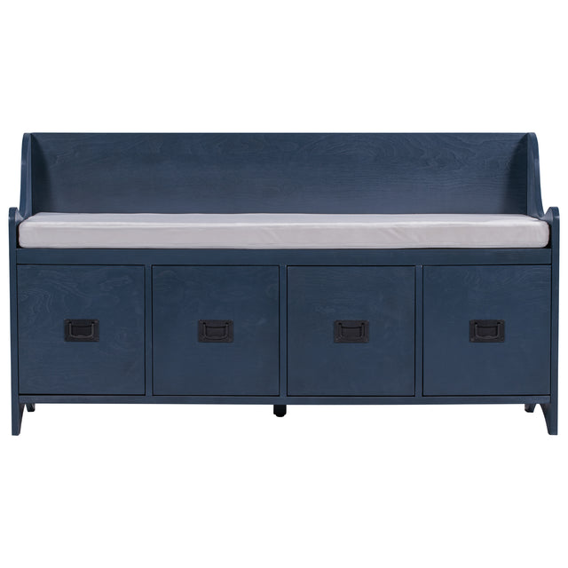 TREXM Movable Cushion Storage Bench with Drawers and Backrest for Entryway and Living Room（Antique Navy）