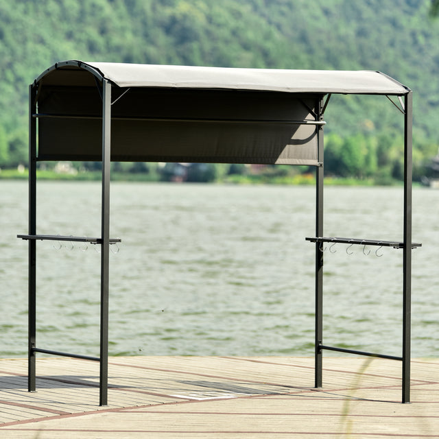 TOPMAX Outdoor 7Ft.Wx4.5Ft.L Iron Double Tiered Backyard Patio BBQ Grill Gazebo with Side Awning, Bar Counters and Hooks, Gray