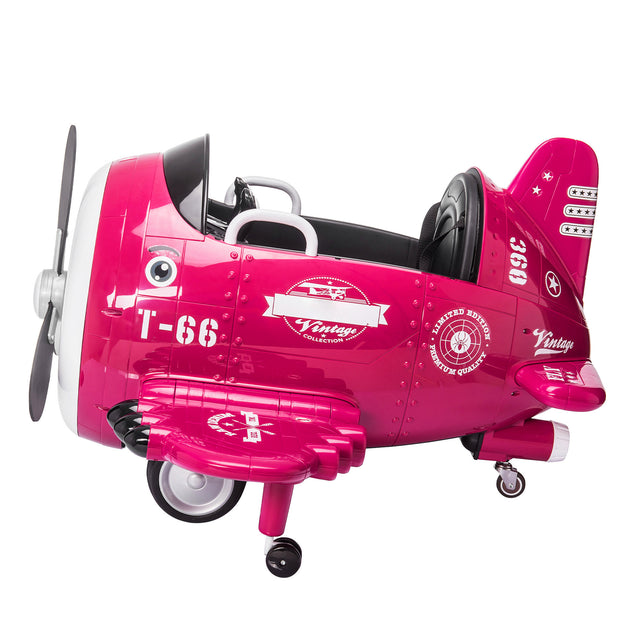 12V Electric Kids Ride on Toy Plane with USB, FM, Wind-Driven Propeller, 360-Degree Rotating by 2 Joysticks, Remote Control for Kids 3 to 6, Rose Red
