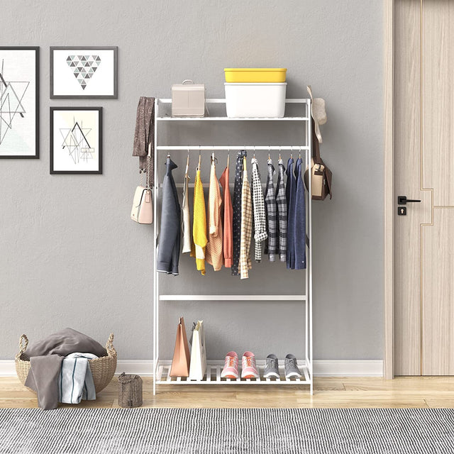 Clothes Rack,Heavy Duty Clothes Rack with Shelves,Freestanding Garment Rack for Living Bedroom Room Kitchen Bathroom Entryway Office Storage Shelves Clothes Hanging Rack,CR-537 White