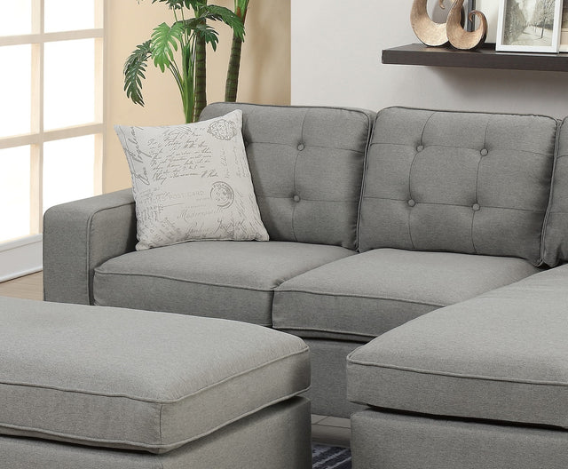 Reversible 3pc Sectional Sofa Set Light Grey Tufted Polyfiber Wood Legs Chaise Sofa Ottoman Pillows Cushion Couch