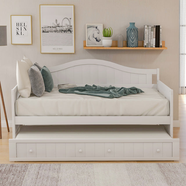 Twin Wooden Daybed with Trundle Bed, Sofa Bed for Bedroom Living Room,White