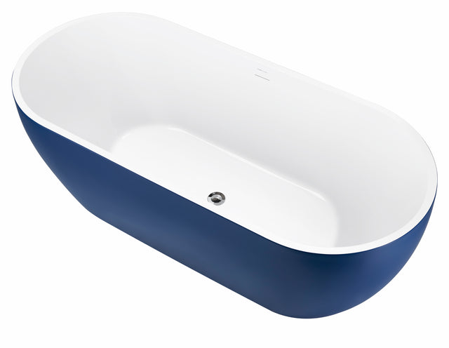 65" 100% Acrylic Freestanding Bathtub，Contemporary Soaking Tub，white inside and blue outside