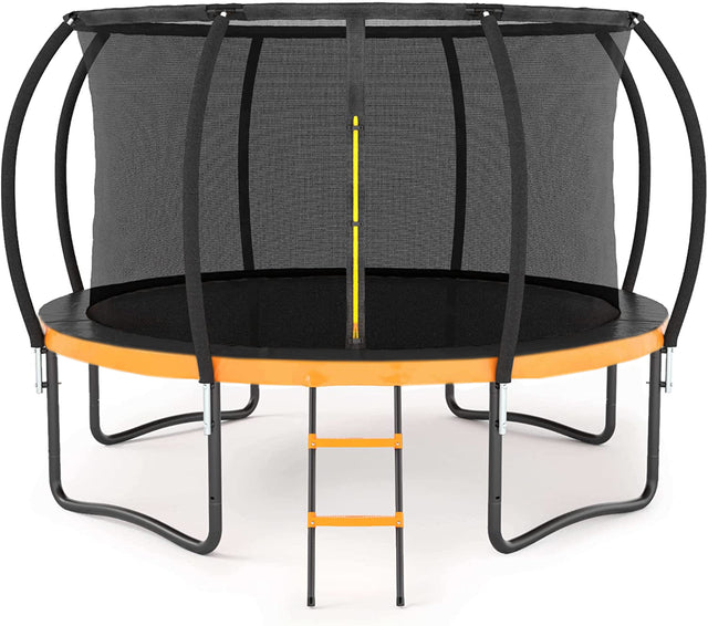 12FT Outdoor Big Trampoline With Inner Safety Enclosure Net, Ladder, PVC Spring Cover Padding, For Kids, Black&Orange Color