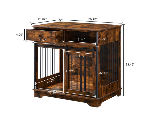 Sliding door dog crate with drawers. Rustic Brown, 35.43'' W x 23.62'' D x 33.46'' H