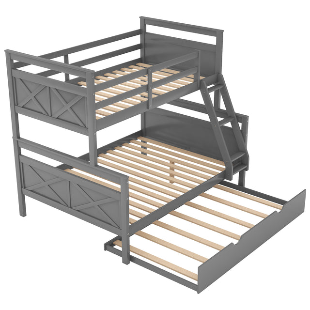 Twin over Full Bunk Bed with Ladder, Twin Size Trundle, Safety Guardrail, Gray