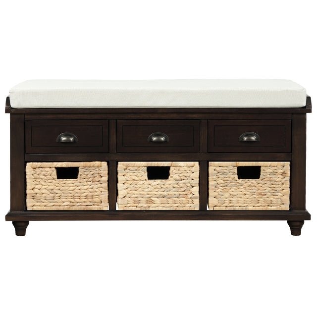 TREXM Rustic Storage Bench with 3 Drawers and 3 Rattan Baskets, Shoe Bench for Living Room, Entryway (Espresso)