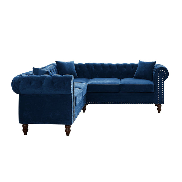 MH 80" Deep Button Tufted Upholstered Roll Arm Luxury Classic Chesterfield L-shaped Sofa 3 Pillows Included, Solid Wood Gourd Legs, Blue velvet