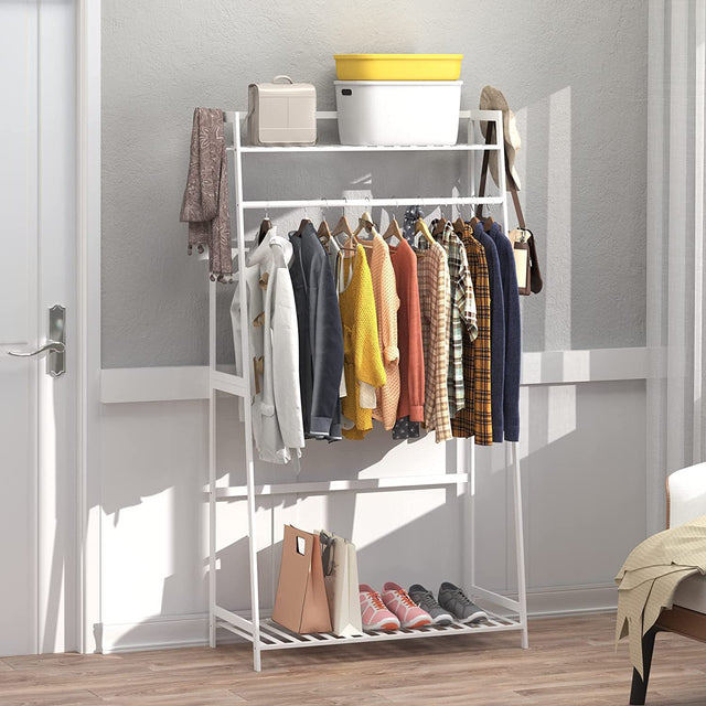 Clothes Rack,Heavy Duty Clothes Rack with Shelves,Freestanding Garment Rack for Living Bedroom Room Kitchen Bathroom Entryway Office Storage Shelves Clothes Hanging Rack,CR-537 White