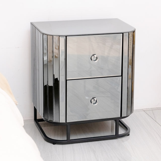 Mirrored Nightstand, Mirrored Bedside Table, Grey End Table for Bedroom, Living Room (Black Iron Frame)