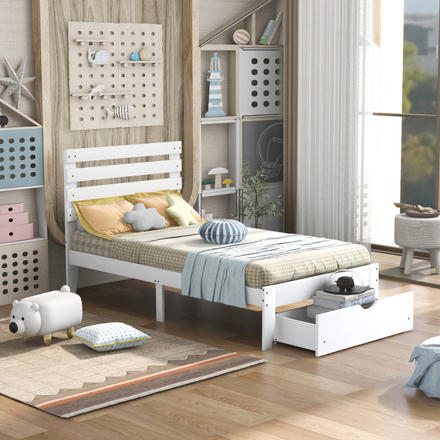 Twin Size Platform Bed with Drawer, White(New SKU:WF288467AAK)