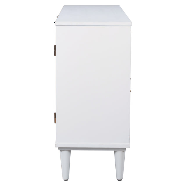 TREXM Large Storage Space Sideboard with Artificial Rattan Door and Unobtrusive Doorknob for Living Room and Entryway (White)