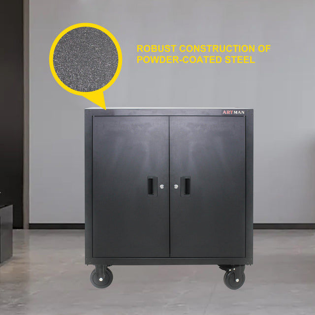Metal Storage Cabinet with Locking Doors and One  Adjustable Shelves With 4 Wheels