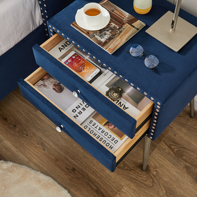 B100S Queen bed with two nightstands, Button designed Headboard,strong wooden slats + metal legs with Electroplate