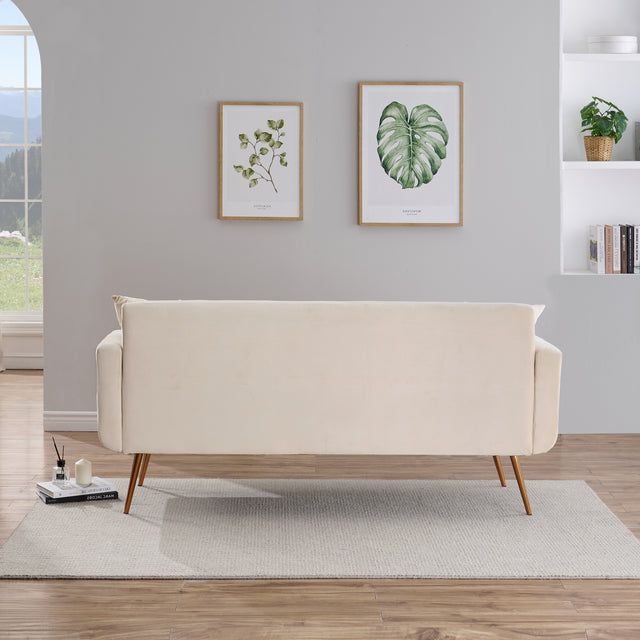 Modern beige velvet sand living room sofa with midfoot and two throw pillows