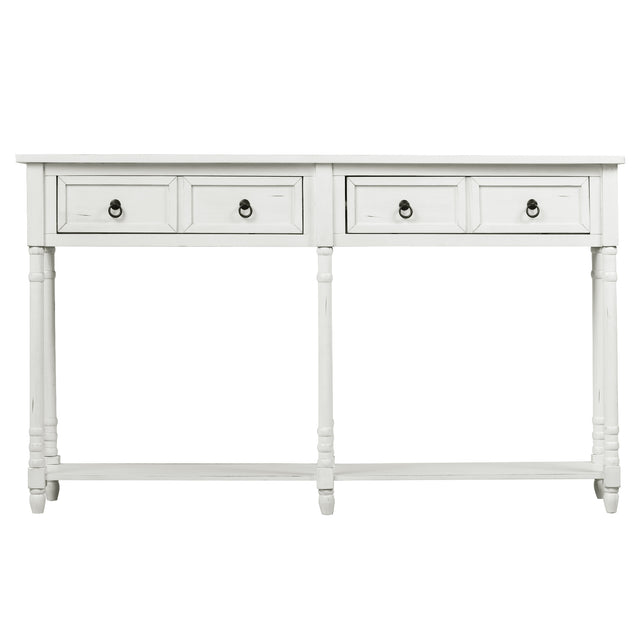 TREXM Console Table Sofa Table with Drawers and Long Shelf Rectangular Living Room Table Solid Wood (Antique White)