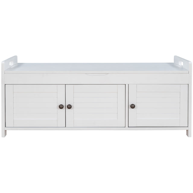 TREXM  Storage Bench with 3 Shutter-shaped Doors,  Shoe Bench with Removable Cushion and Hidden Storage Space (White)