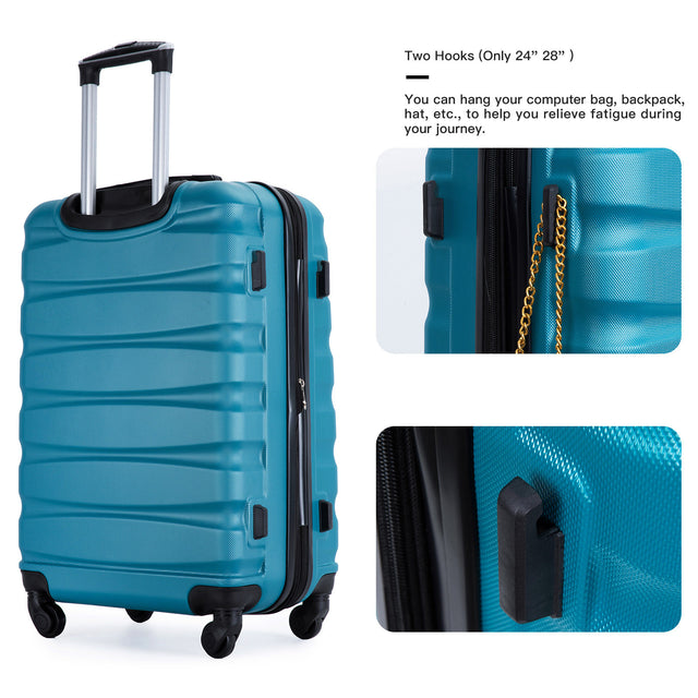 Expandable 3 Piece Luggage Sets ABS Lightweight Suitcase with Two Hooks, Spinner Wheels, TSA Lock, (20/24/28) Cyan