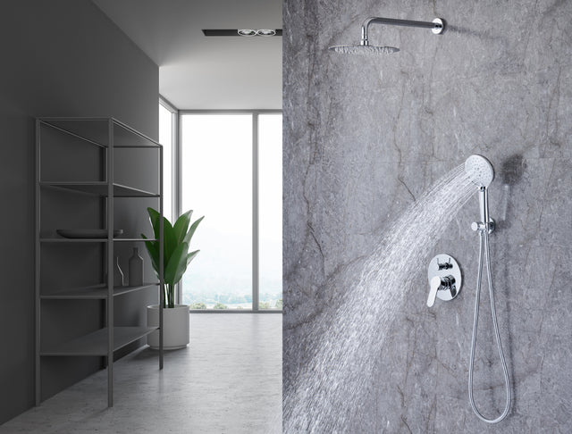 Shower Faucet Set, Wall Mount Round hower System Mixer Set, 10 Inch Rain Shower Head with Handheld Spray, Solid Brass, Rough-in Valve Included