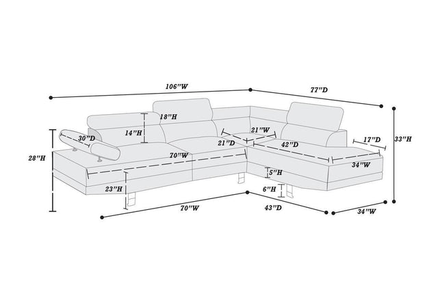 Black Color Sectional Living Room Furniture Faux Leather Adjustable Headrest Right Facing Chaise & Left Facing Sofa