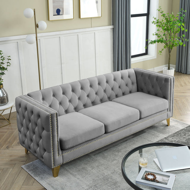{Contact us for 3D modeling}  Velvet Sofa for Living Room,Buttons Tufted Square Arm Couch, Modern Couch Upholstered Button and Metal Legs, Sofa Couch for Bedroom, Grey Velvet