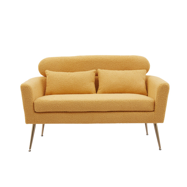 51"W Modern Boucle Loveseat Small Sofa Small Mini Room Couch Two-Seater Sofa With 2 Throw Pillows Gold Metal Legs for Small Space Office Studio Apartment Bedroom, Yellow Boucle