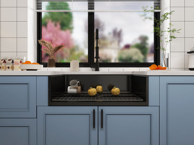 Matt Black Fireclay Farmhouse Kitchen Sink 33 inch Single Bowl Apron Sink with Bottom Grid in & Drain , Black Color