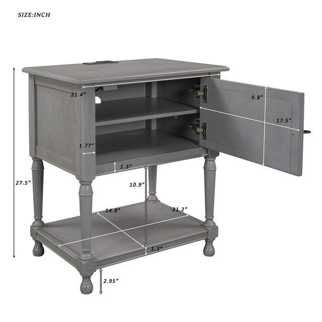 Versatile Nightstand with Two Built-in Shelves Cabinet and an Open Storage, USB Charging Design, Gray