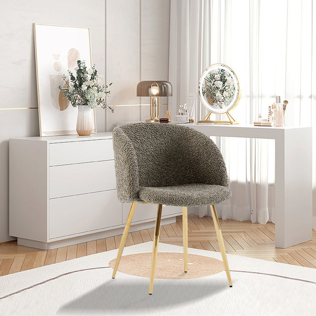 Golden Color Legs Upholstered teddy faux fur dining armrest chair set of 2 (Grey)
