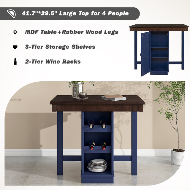 TOPMAX Farmhouse Counter Height Dining Table, Square Wood Table with 3-Tier Adjustable Storage Shelves and Wine Racks for Small Spaces, Brown and Blue