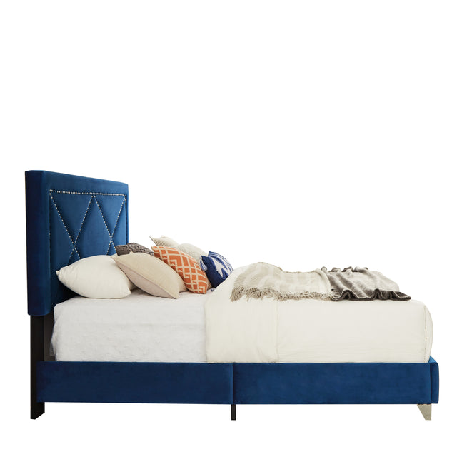 B109 King bed with one nightstand,Beautiful brass studs adorn the headboard, strong wooden slats + metal legs with Electroplate