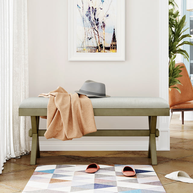 TOPMAX Farmhouse Rustic Wood Kitchen Upholstered  Dining Bench,Gray Green