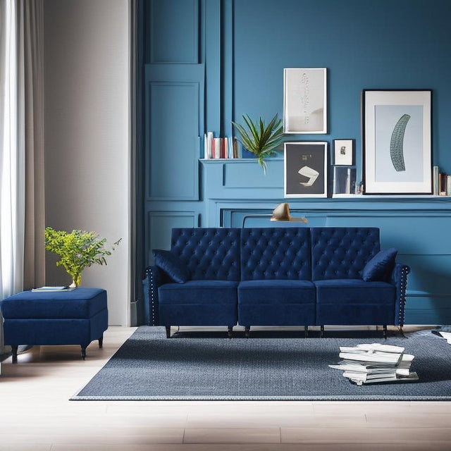 Redde Boo Blue Velvet Soft K/D Sofa And Stool With Storage, High Quality Classic Free Living  Room Sectional Fabirc Sofa
