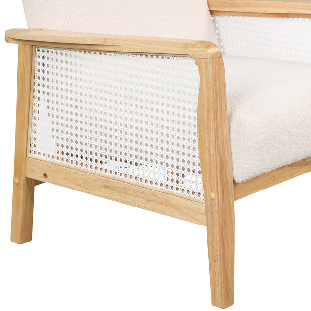 【EAT 3.10】Mid-Century Armchair Rattan Mesh Upholstered Accent Chair,Teddy Short Plush Particle Velvet Armchair for Living Room,Bedroom, Office, Studio,White