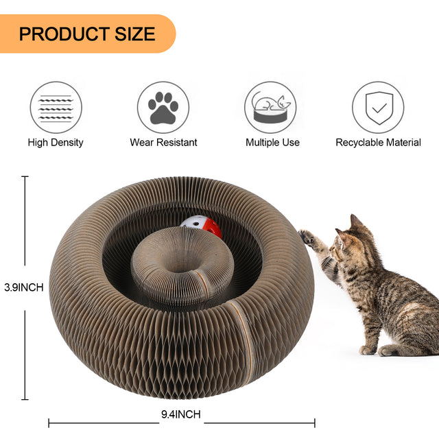 FluffyDream Magic Organ Cat Scratching Board, Interactive Scratch Pad with a Ball, Cat Scratcher for Grinding Claw, Recyclable and Durable, Furniture Protector, Retractable, Brown, Reversible