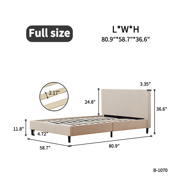 Full Size Platform Bed Frame with Fabric Upholstered Headboard and Wooden Slats Support, Fully Upholstered Mattress Foundation/No Box Spring Needed/Easy Assembly, Beige