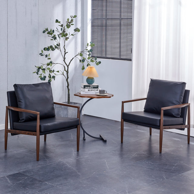 Sofa Chair Set of 2.Black PU Leather Accent Arm Chair Mid Century Modern Upholstered Armchair with Imitation solid wood color Metal Frame Padded Backrest and Seat Cushion Sofa Chairs for Living Room
