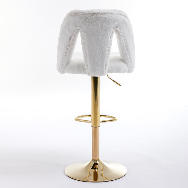 Golden Swivel Velvet Barstools Adjusatble Seat Height from 25-33 Inch, Modern Bar Stool & Counter Stools with Nailheads for Home Pub and Kitchen Island,Set of 2, Faux White Rabbit Hair