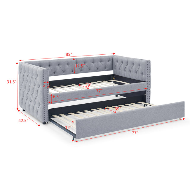 Daybed with Trundle Upholstered Tufted Sofa Bed, with Button and Copper Nail on Square Arms，both Twin Size, Grey（85“x42.5”x31.5“）（Old SKU W487S00045）