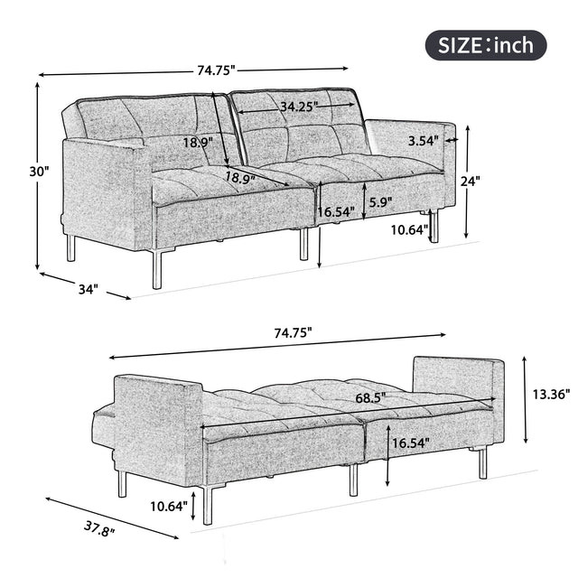 74.8"  Linen Upholstered Modern Convertible Folding Futon Sofa Bed for Compact Living Space, Apartment, Dorm