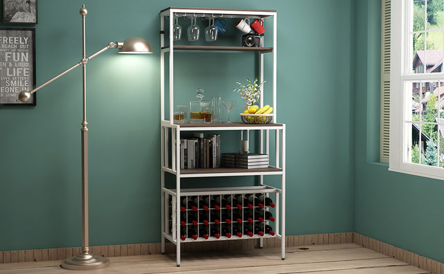 TOPMAX Updated Industrial Modern 5-Tier Baker Rack, Freestanding Bar Wine Rack Table with Glass& Cup Holders&Hooks,  Dark Brown