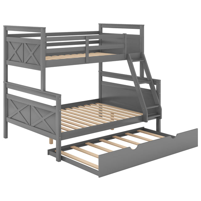 Twin over Full Bunk Bed with Ladder, Twin Size Trundle, Safety Guardrail, Gray