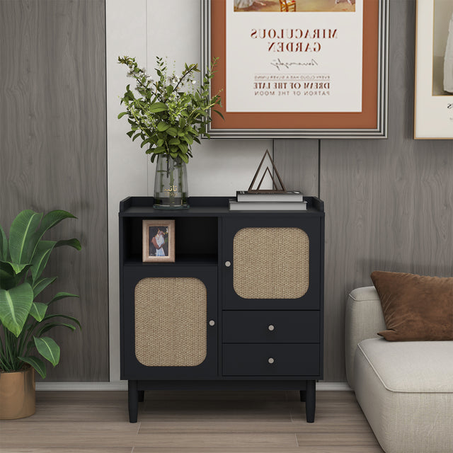 Sideboard Cabinet Display Buffet Storage Cabinet with 2 Woven Cane Doors，2 Drawers and 1 Storage Shelf-black
